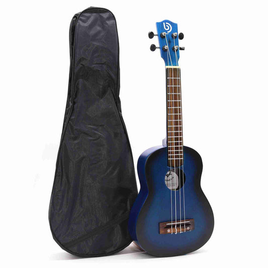 Blue ukulele with a black case on a white background