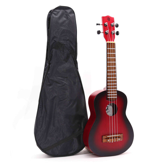 Artisan Made Ukulele - Natural Sunburst Finish with a black gig bag on a white background