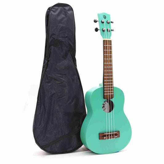 Artisan Made Ukulele, Turquoise Finish with a black gig bag on a white background
