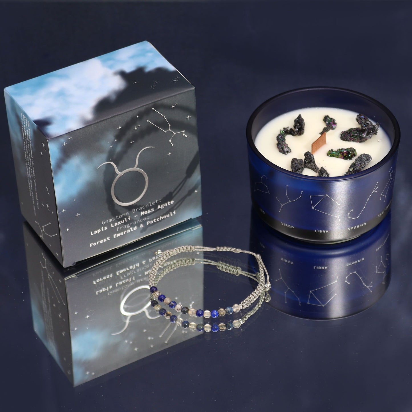 Zodiac Crystal Candle with Gemstone Bracelet - Taurus on a blue background