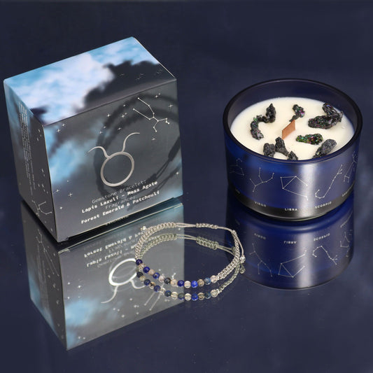 Zodiac Crystal Candle with Gemstone Bracelet - Taurus on a blue background