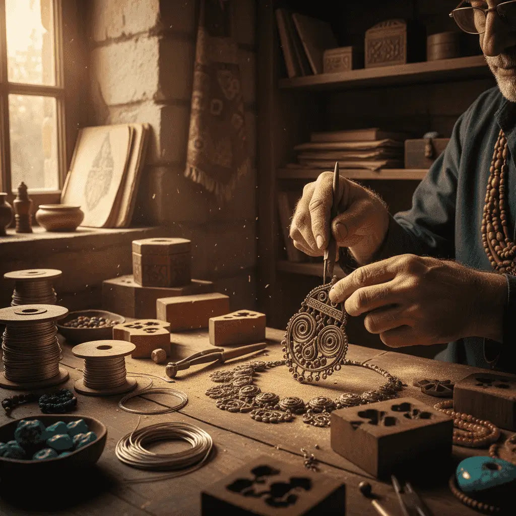 Artisan Craftsman sitting at his work station with various tools scattered about
