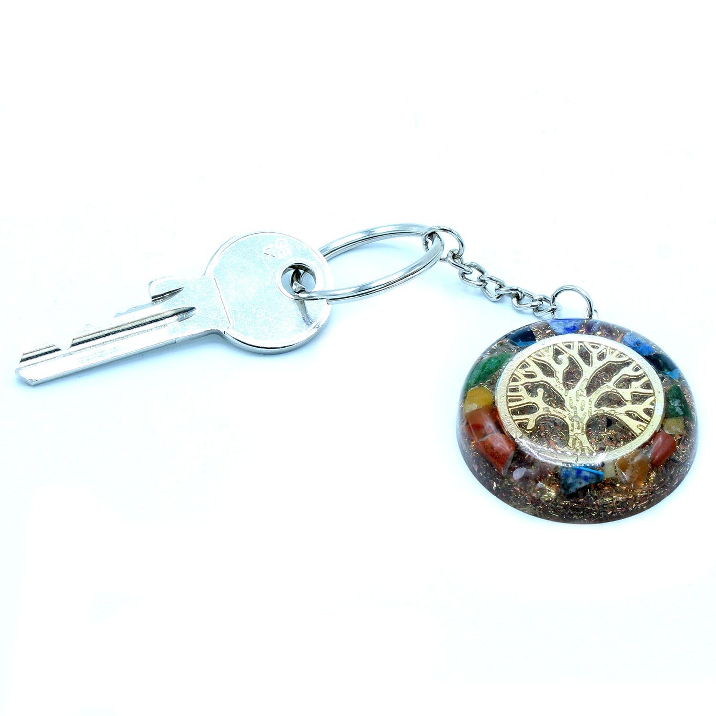 Orgonite Power Keyring - Gemstones Chakra Tree of Life connected to a key on a white background