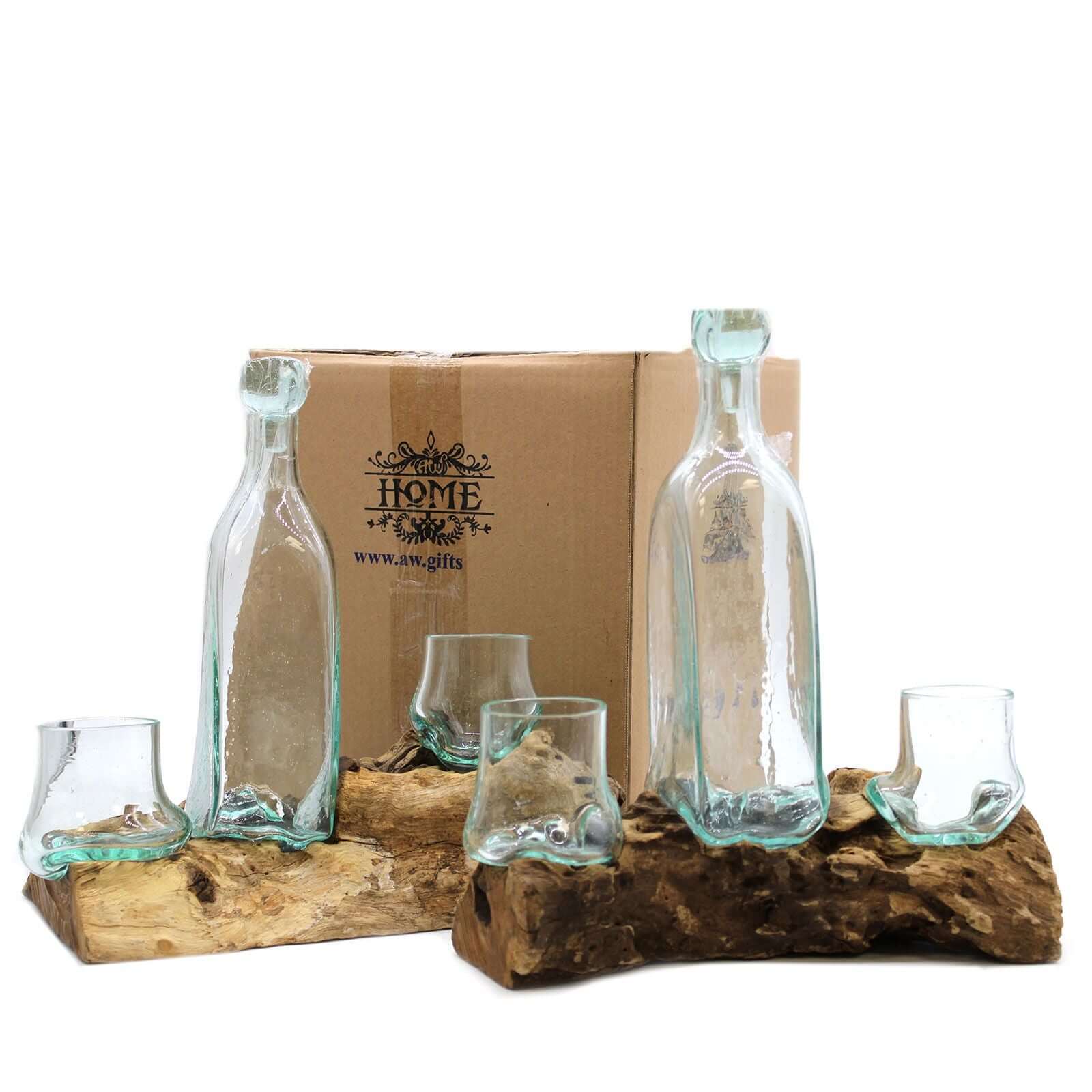 Molten Glass on Wood- Whisky Set displayed on natural wood with unique glasses and bottle, perfect for modern living.