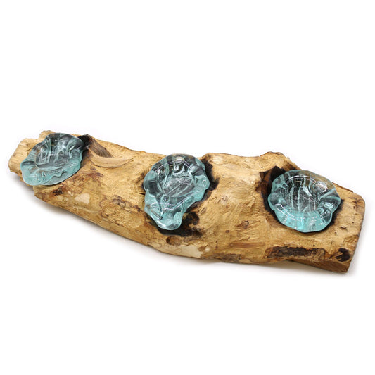 Flat triple candle holder with molten glass on wood - artisan eco-friendly gift