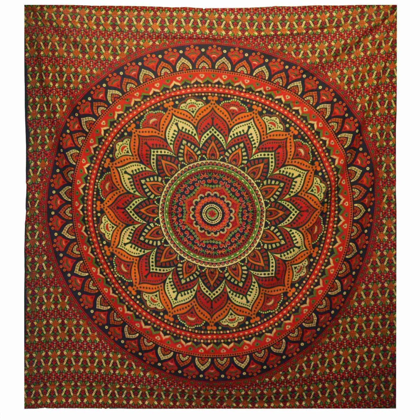 Double Cotton Bedspread / Wall Hanging - Classic Mandala - Green on a plain background