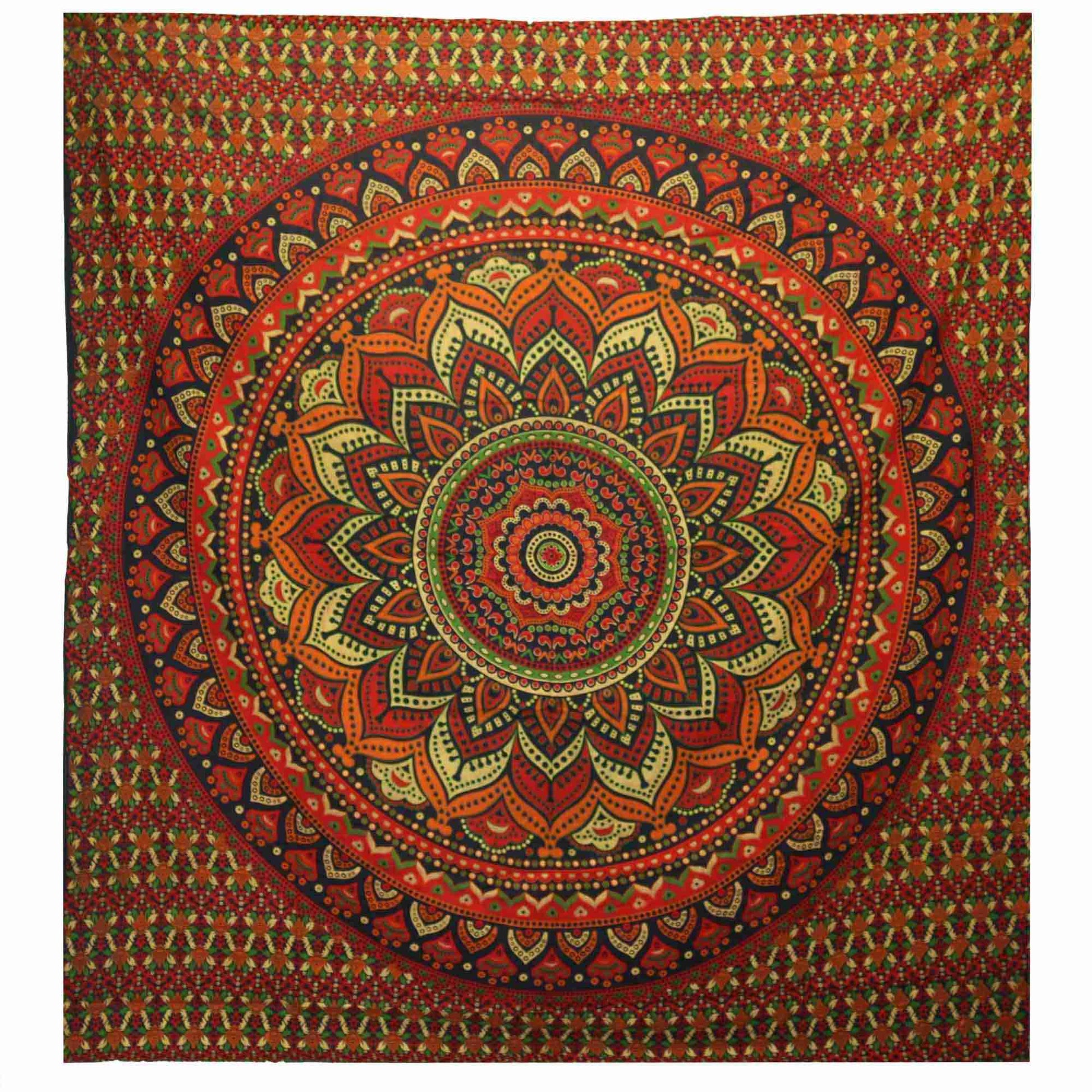 Double Cotton Bedspread / Wall Hanging - Classic Mandala - Green on a plain background