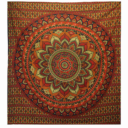 Double Cotton Bedspread / Wall Hanging - Classic Mandala - Green on a plain background
