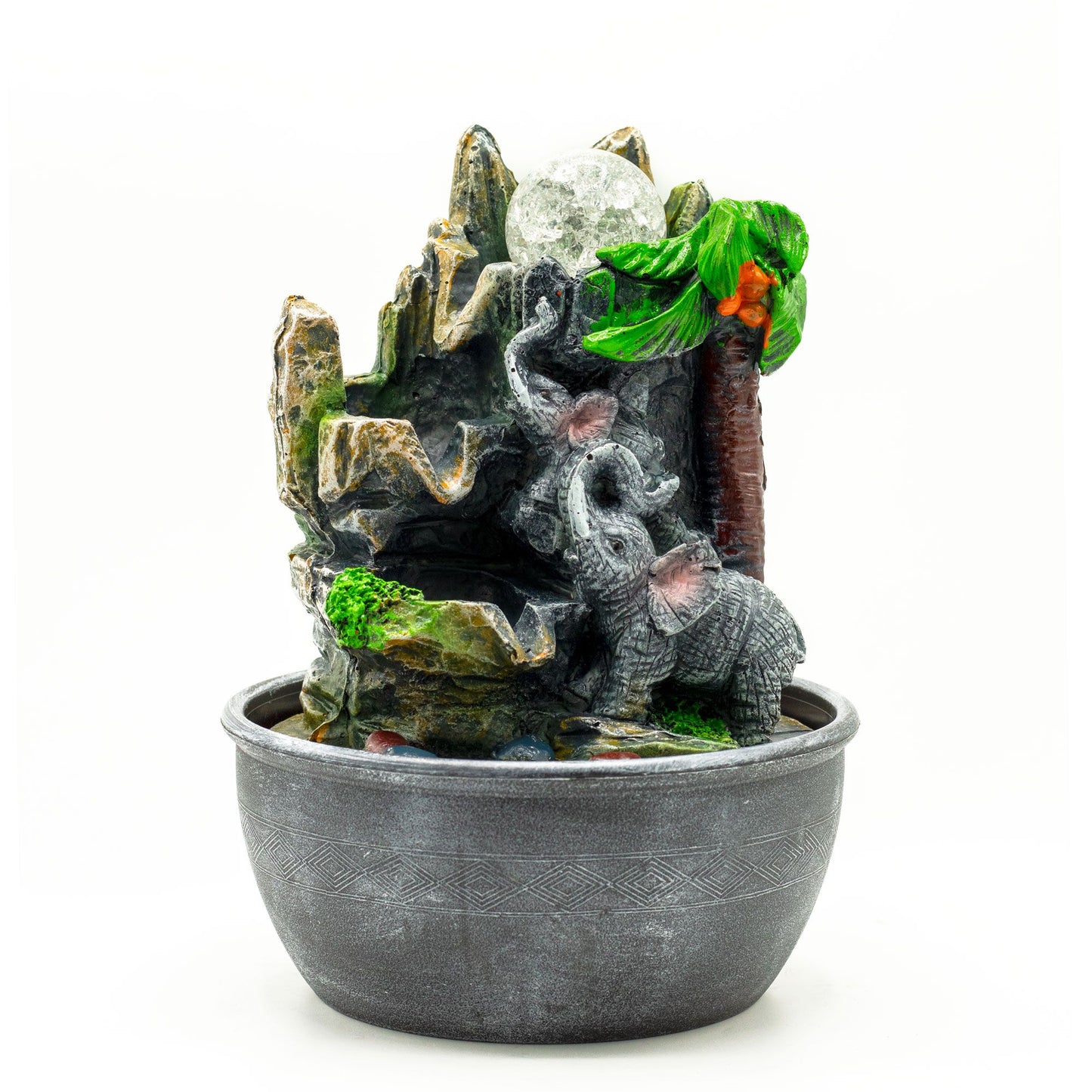 25cm elephant and palm tree water fountain - tropical tabletop meditation feature