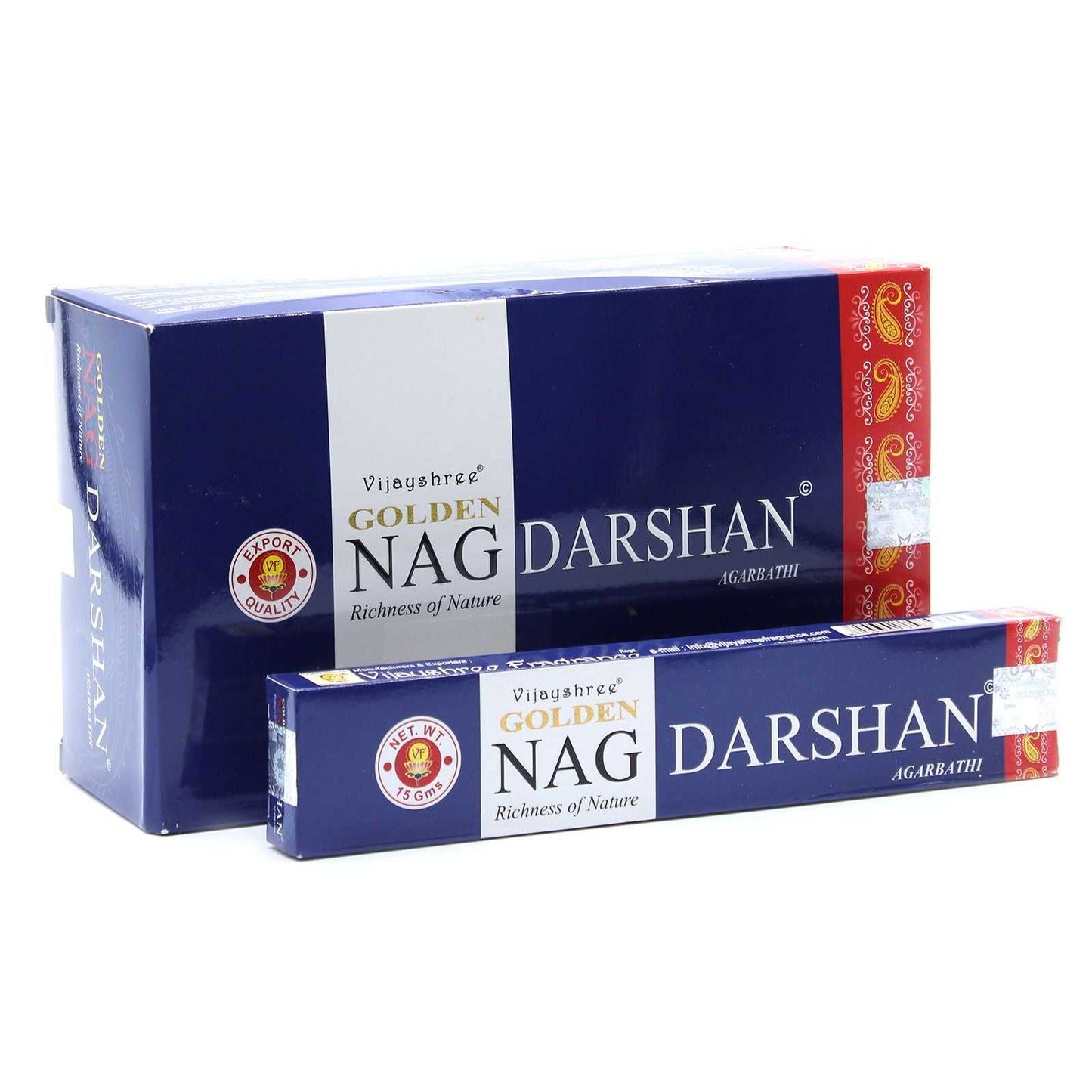 Two boxes of Golden Nag Darshan incense on a white background