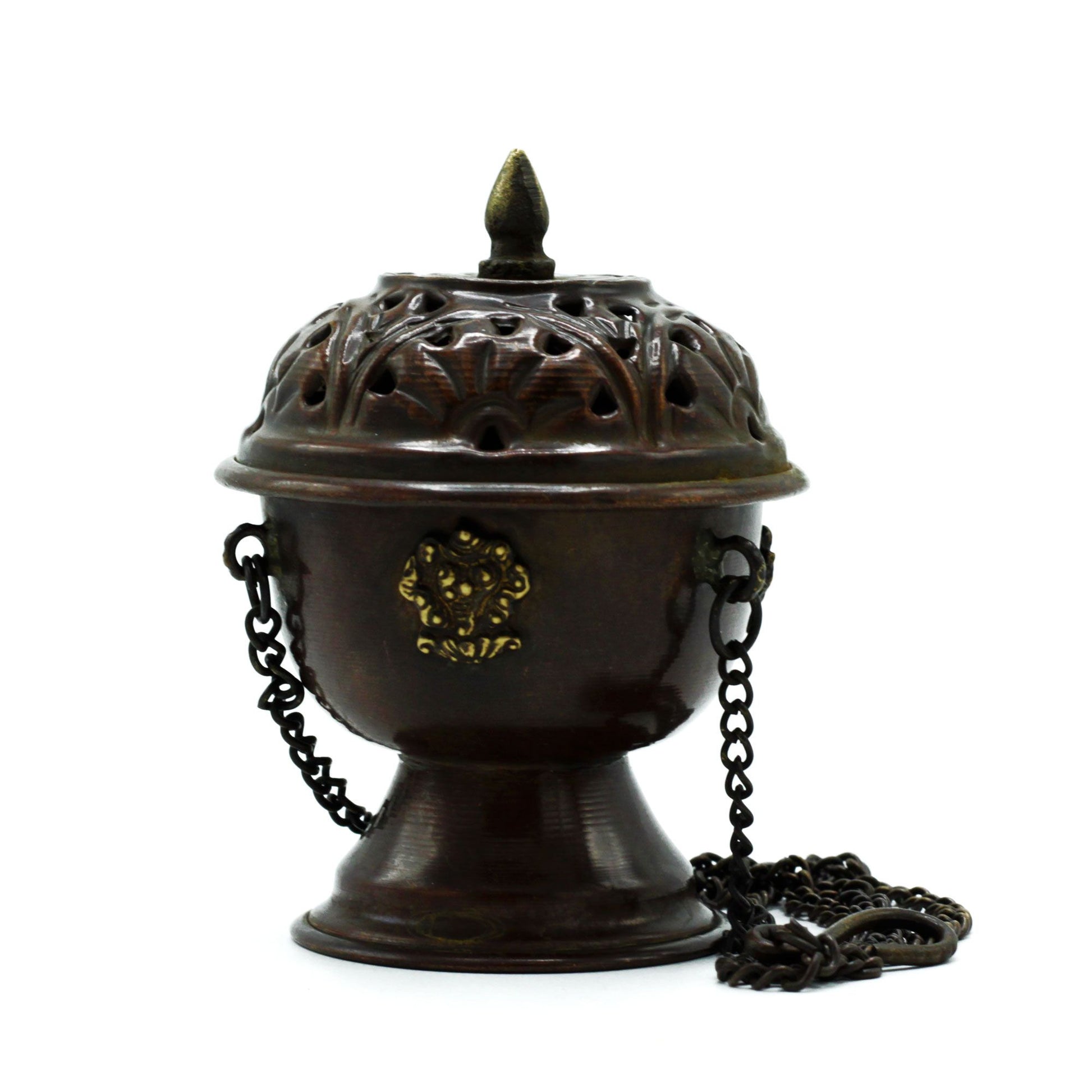 Bronze incense burner with decorative lid and chain on a white background