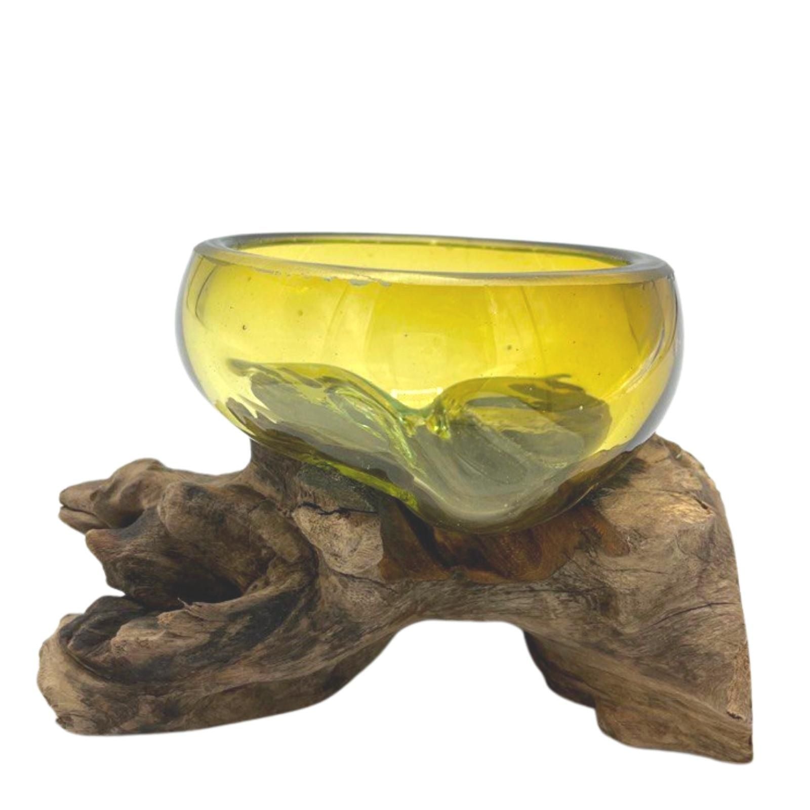 Amber molten glass bowl on natural wood base - handcrafted eco-friendly home decor