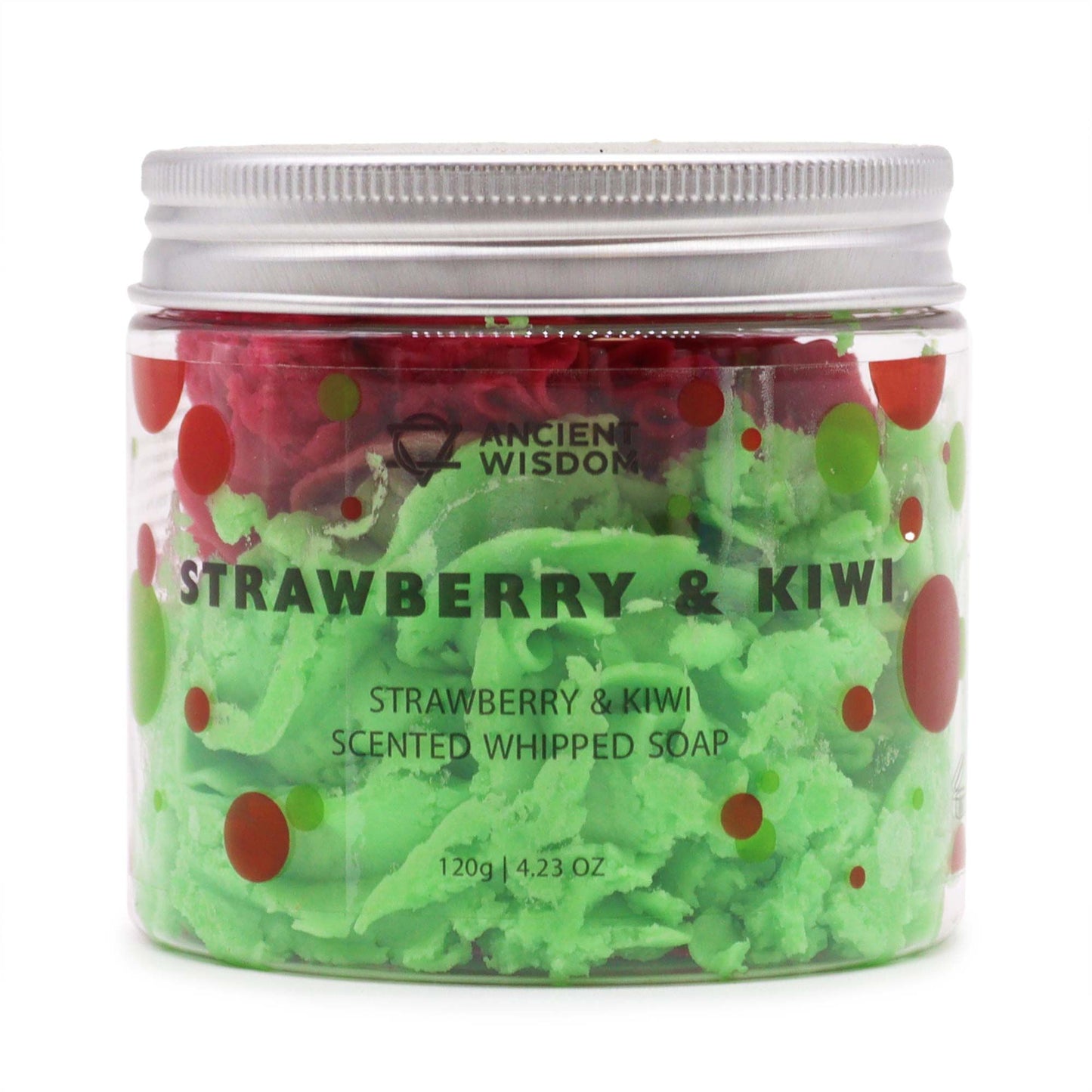 Jar of strawberry and kiwi scented whipped soap 120g.