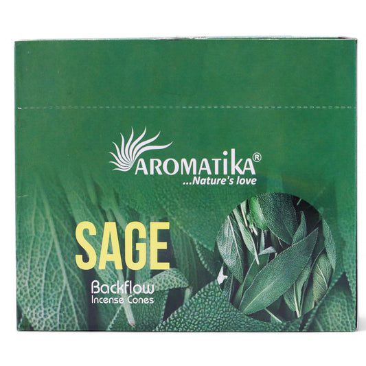 Aromatika Sage backflow incense cones packaging with green background and leaf imagery.
