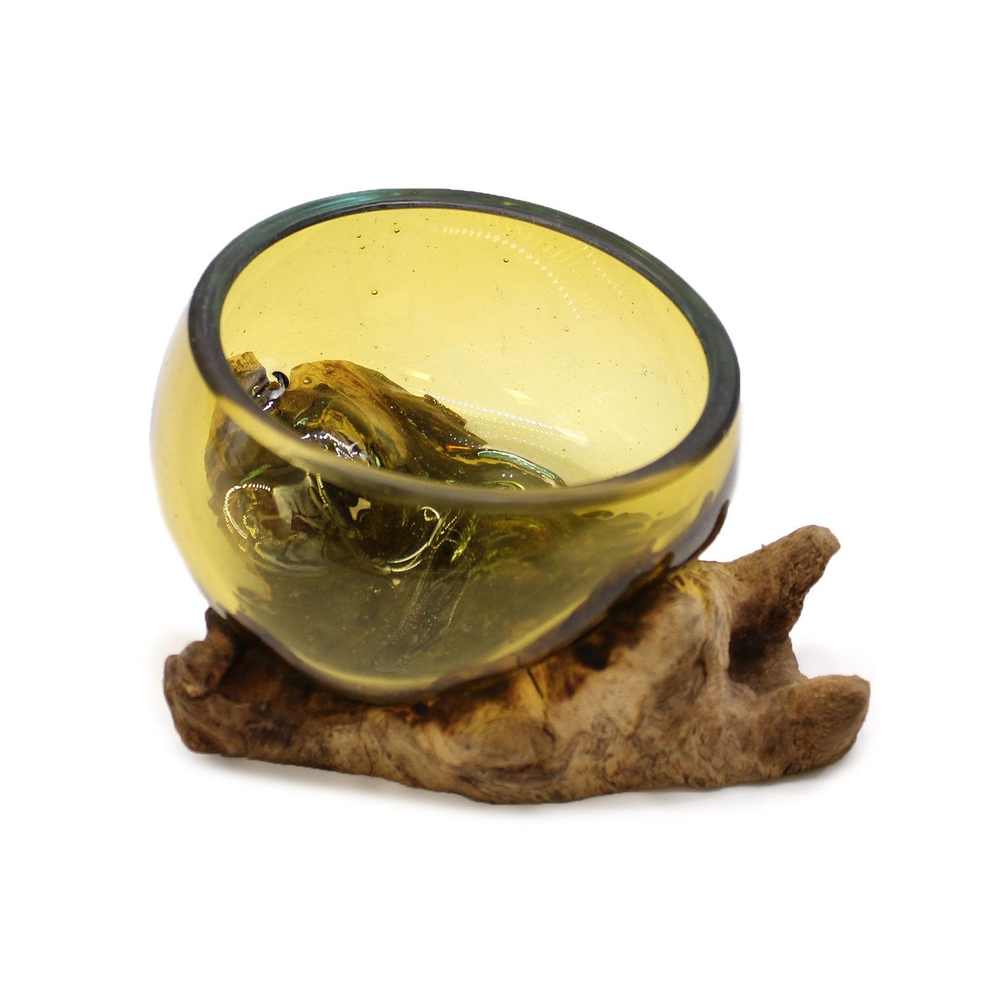 Mini amber glass bowl on gamal wood base - handcrafted eco-friendly home decor