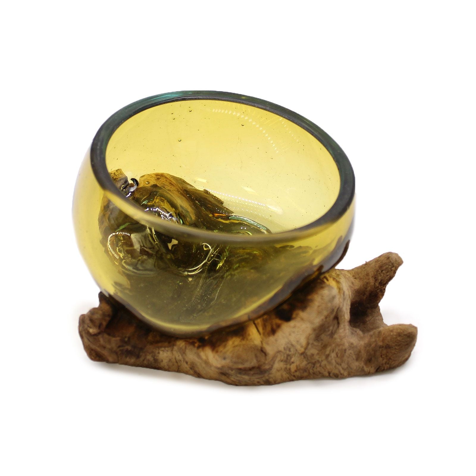 Mini amber glass bowl on gamal wood base - handcrafted eco-friendly home decor