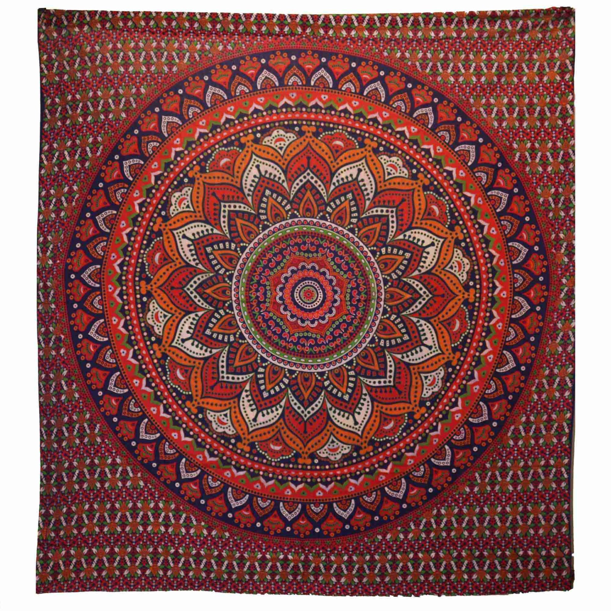 Double Cotton Bedspread / Wall Hanging - Classic Mandala - Orange / Blue on a white background