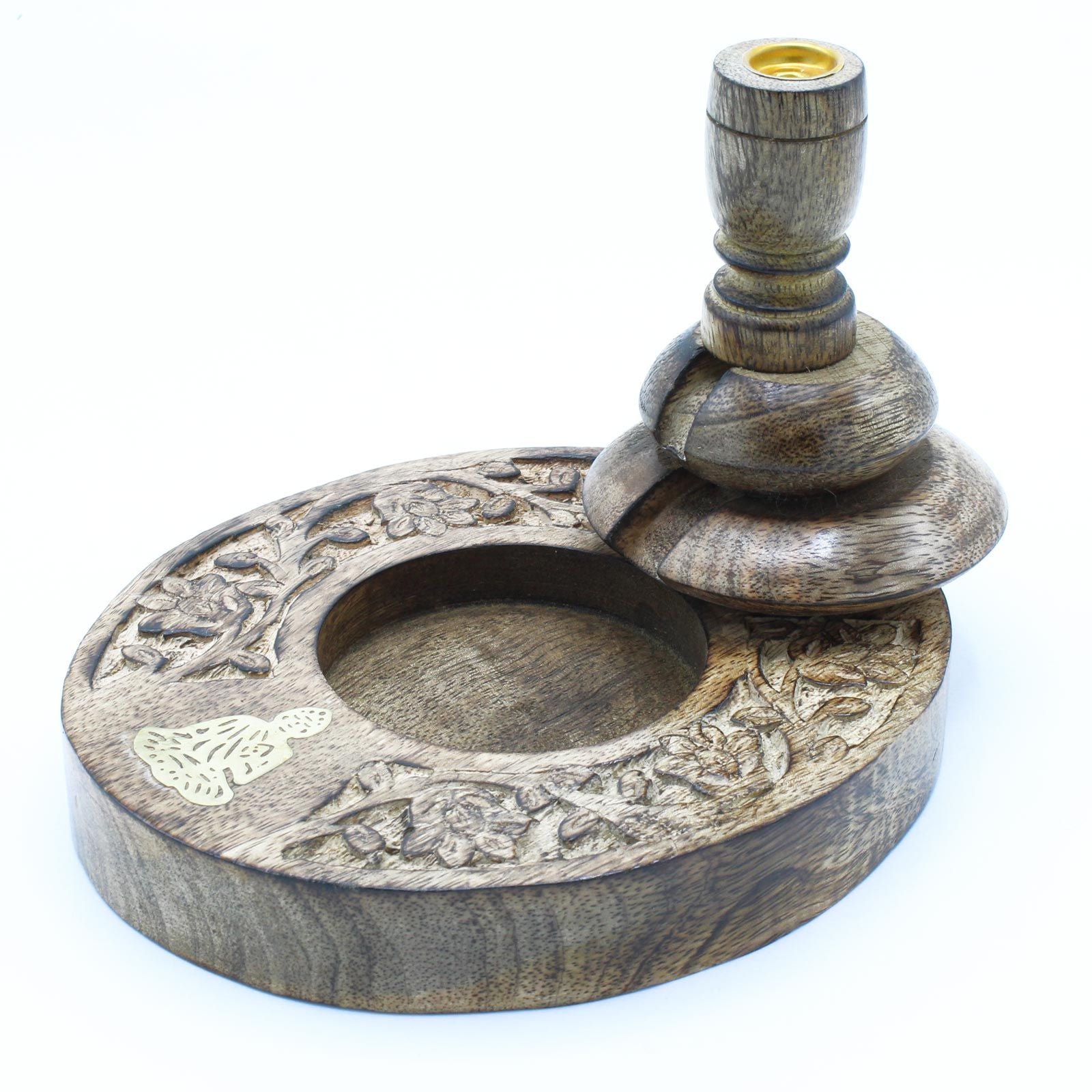 Wooden incense backflow burner with intricate carvings on a white background