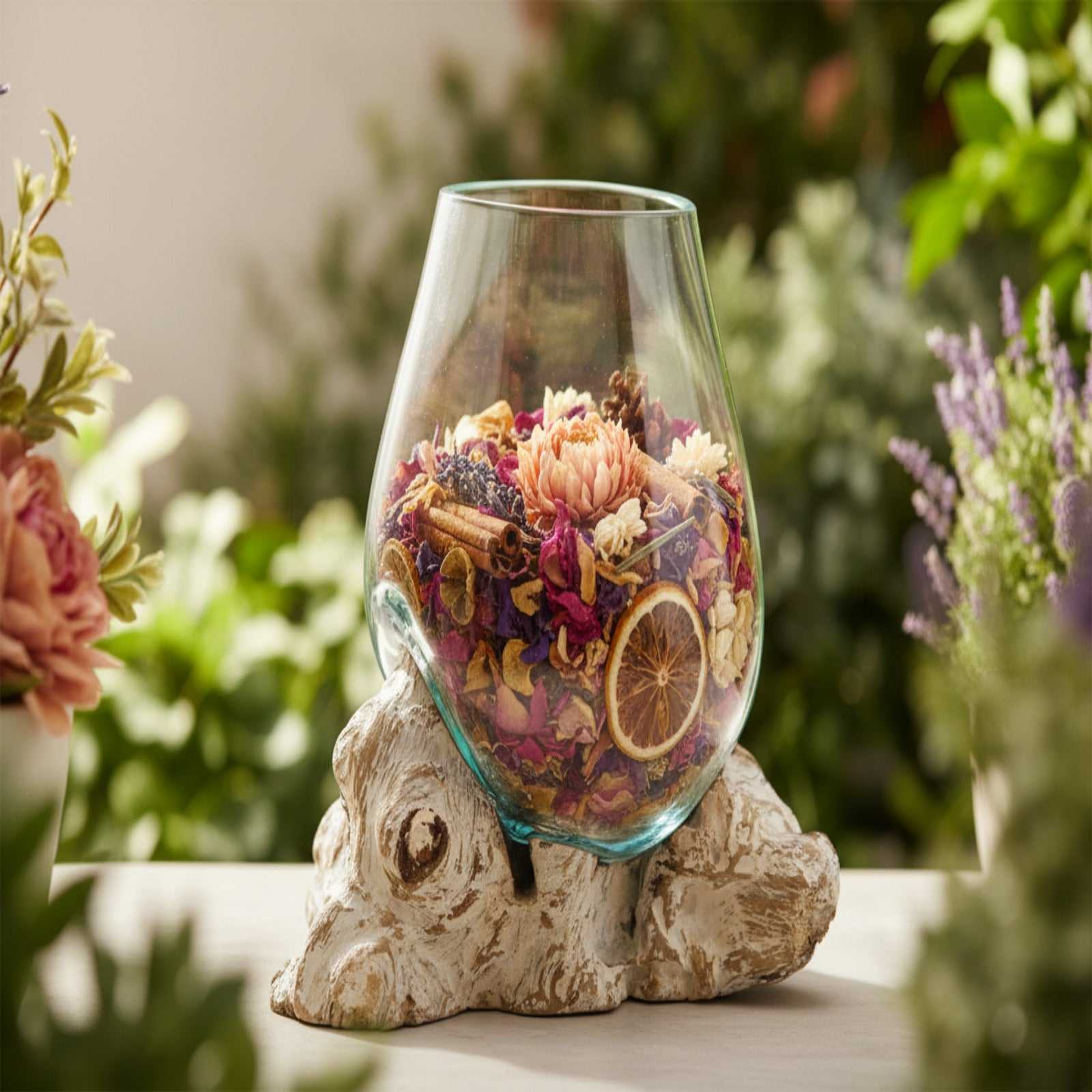 Molten Glass on Whitewash Wood - Large Bowl filled with pot pouri on a natural background