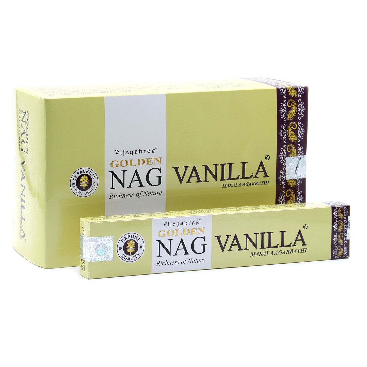 Two boxes of Golden Nag Vanilla incense on a white background