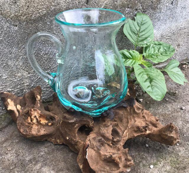 Molten Glass on Wood- Water Jug on natural wood with greenery, handmade from recycled glass.