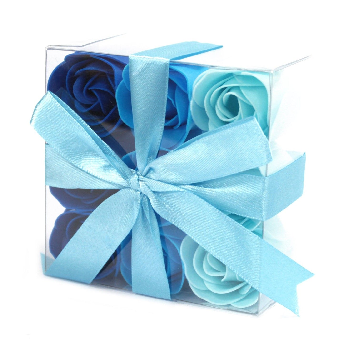Clear gift box with 9 blue soap roses wrapped in a blue bow