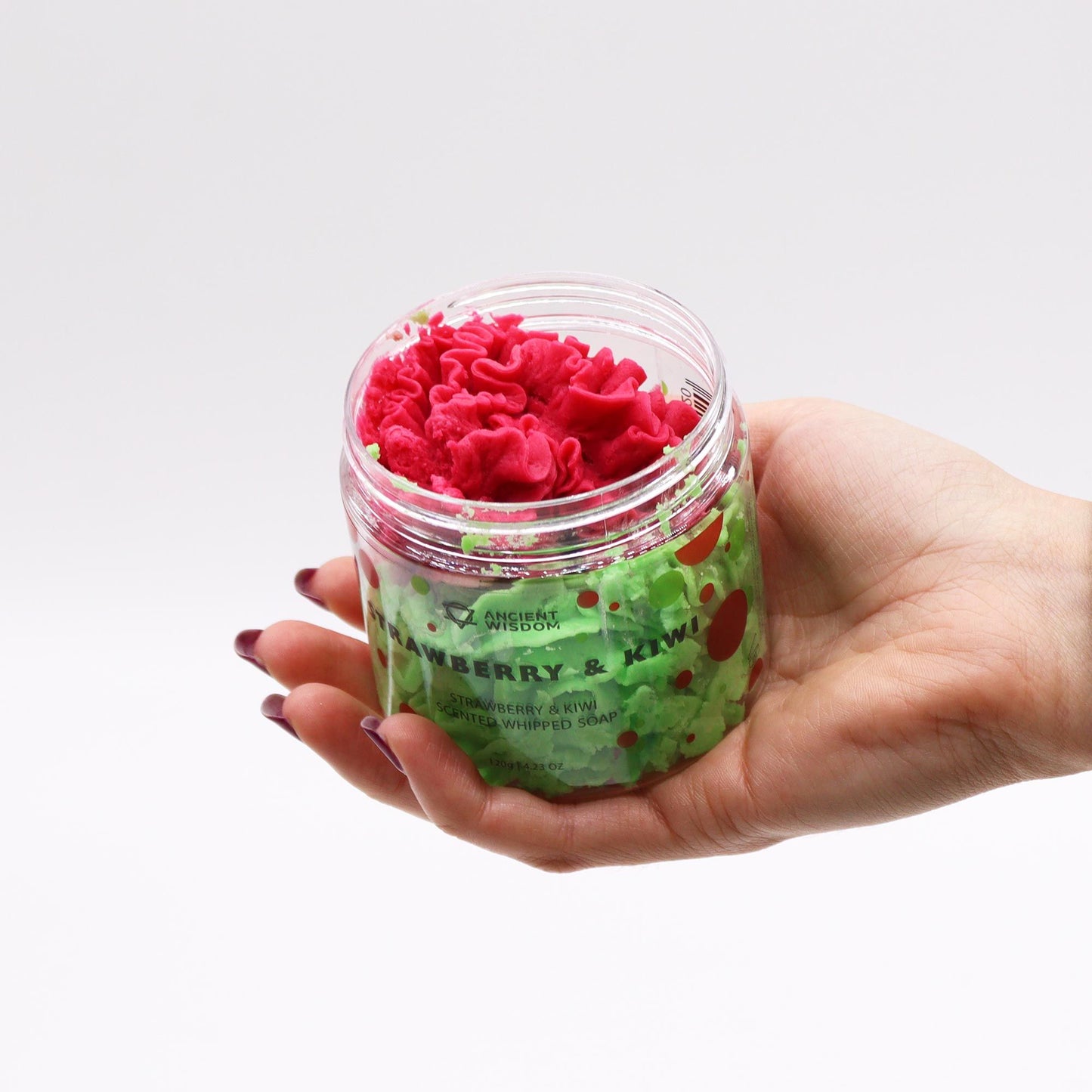 Strawberry & Kiwi Whipped Soap 120g top view with lid removed