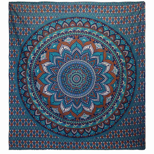 Double Cotton Bedspread / Wall Hanging - Classic Mandala - Turquoise on a white background