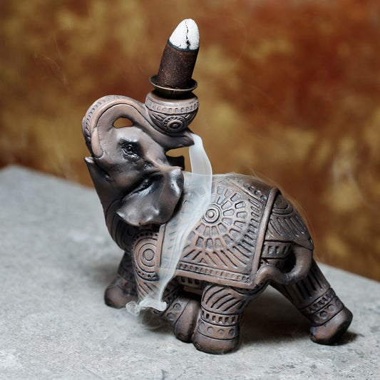 Wood Effect Elephant Backflow Incense Burner showing effect