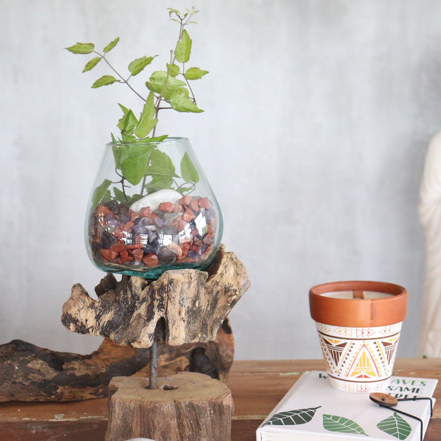 Handmade Recycled Glass Bowl on Wood Stand - Eco Decor