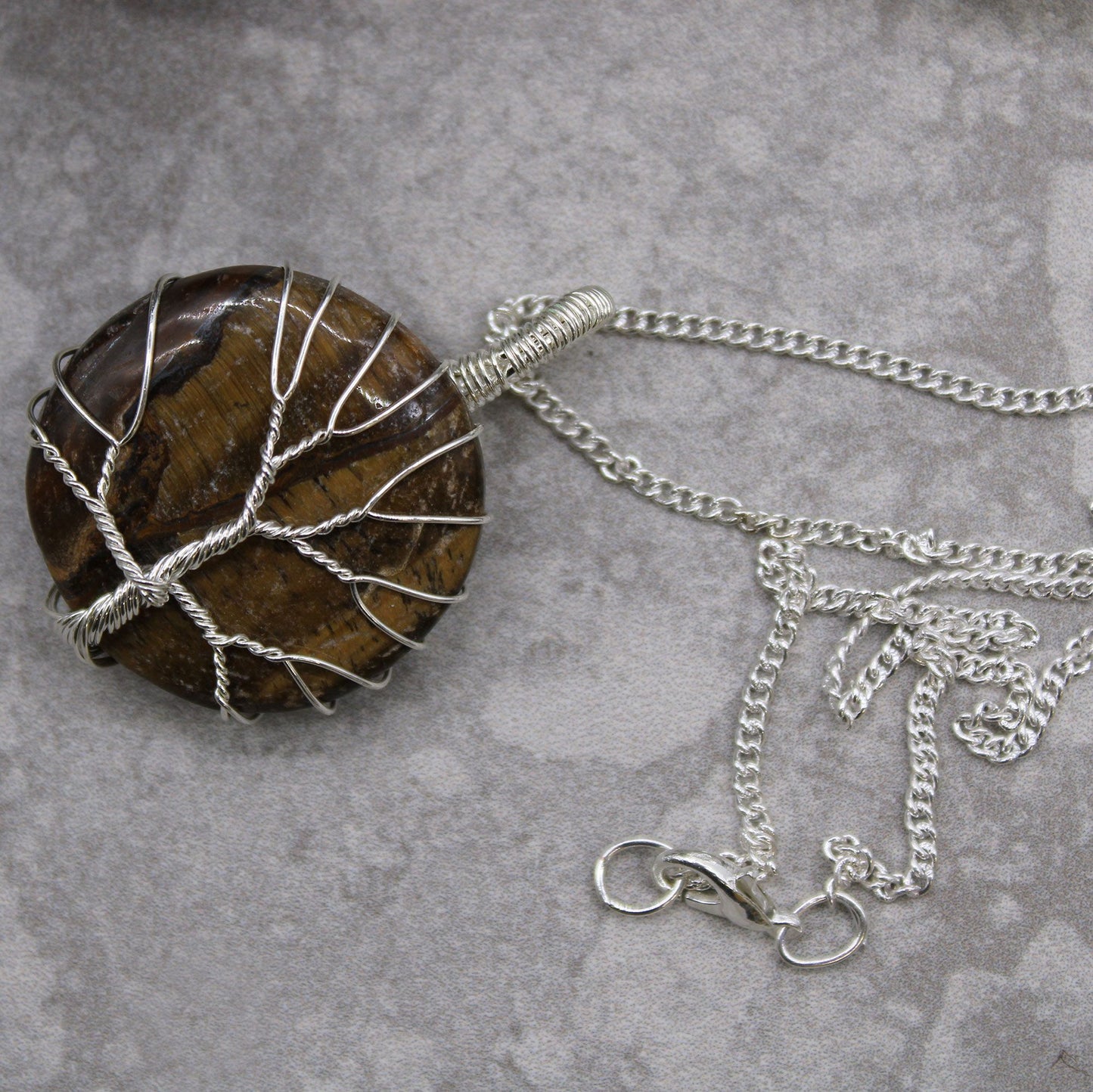 Tree of Life Gemstone Necklace - Tiger Eye with rey background
