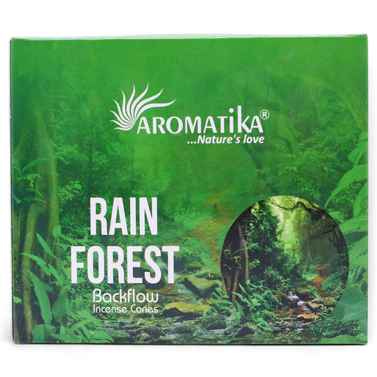 Aromatika Rain Forest Backflow Incense Cones packaging with green forest design.