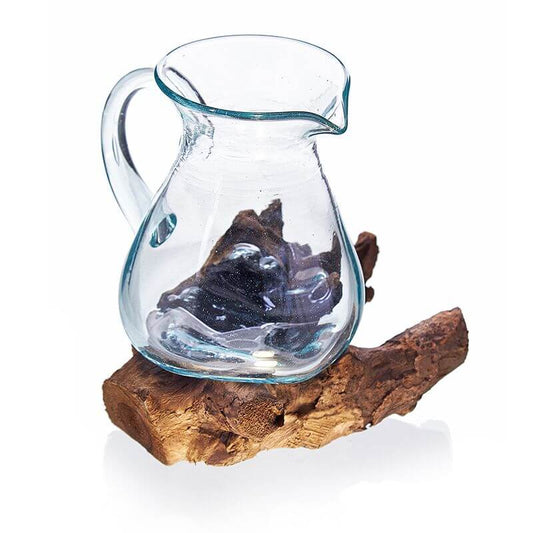 Molten Glass on Wood- Water Jug, handmade from recycled glass and Balinese Gamal wood, stylish and trendy decoration.