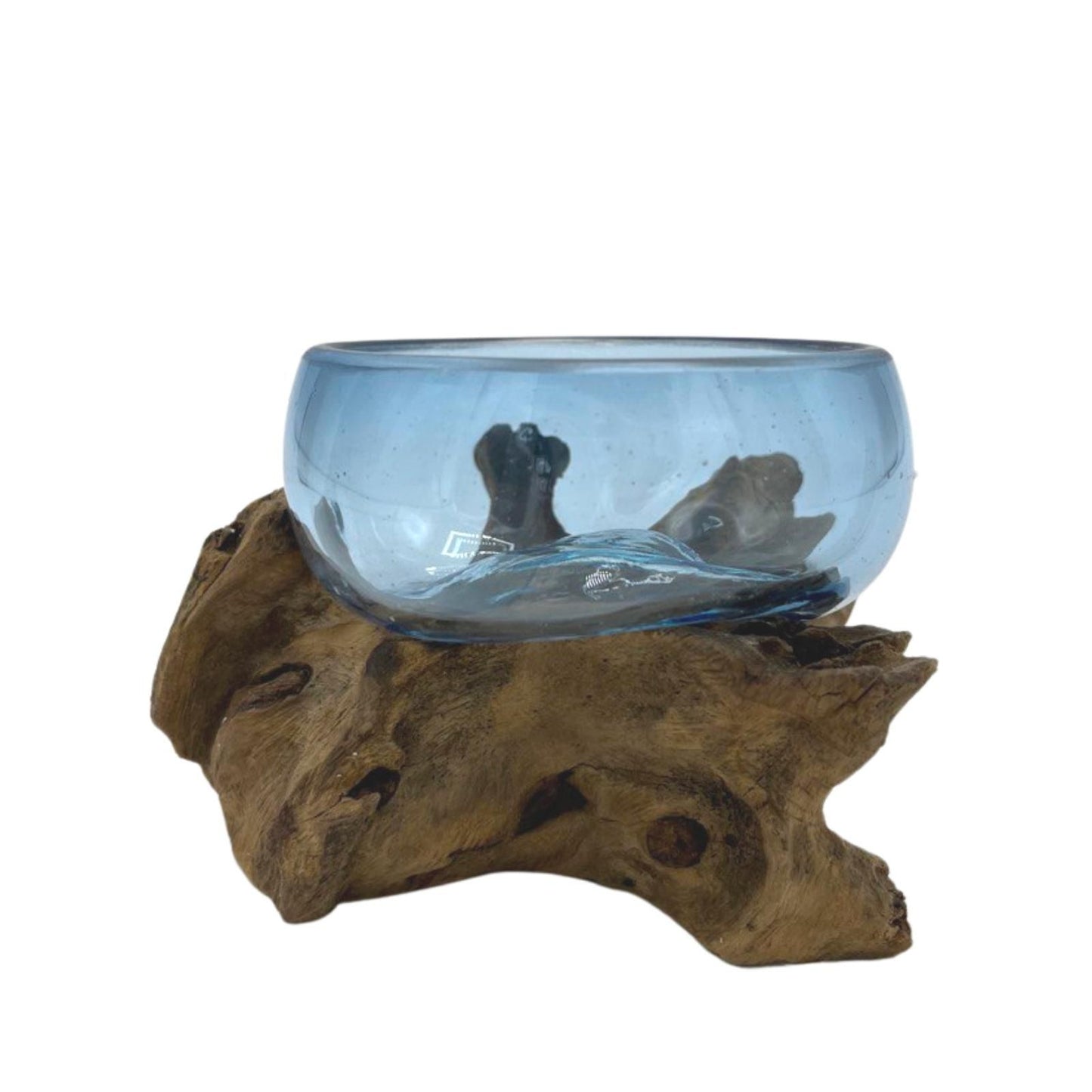Decorative molten glass bowl on a wooden base with a white background