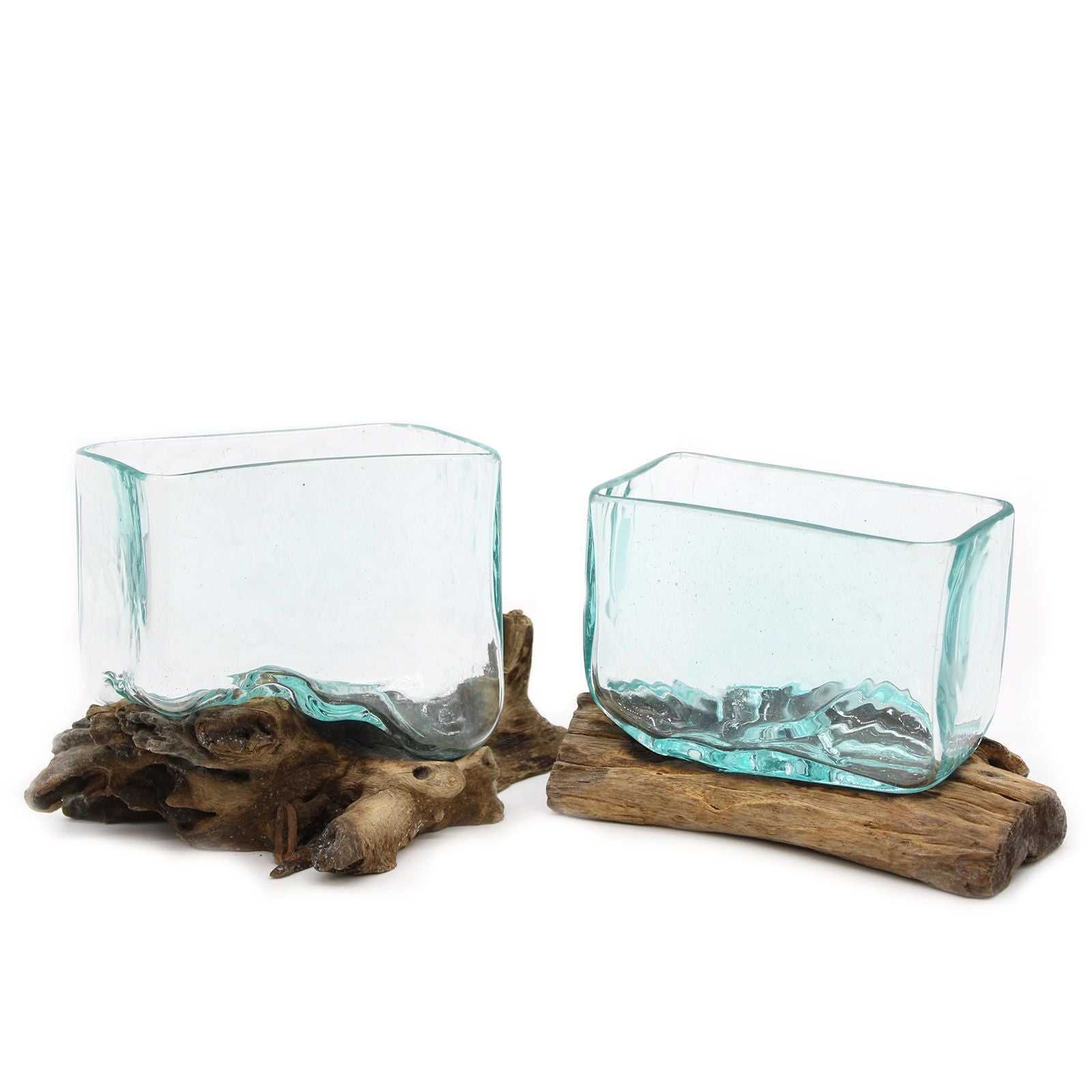 Molten Glass Tank on Wood with Stand - Medium Bowl 2 diffrent variants on a white background