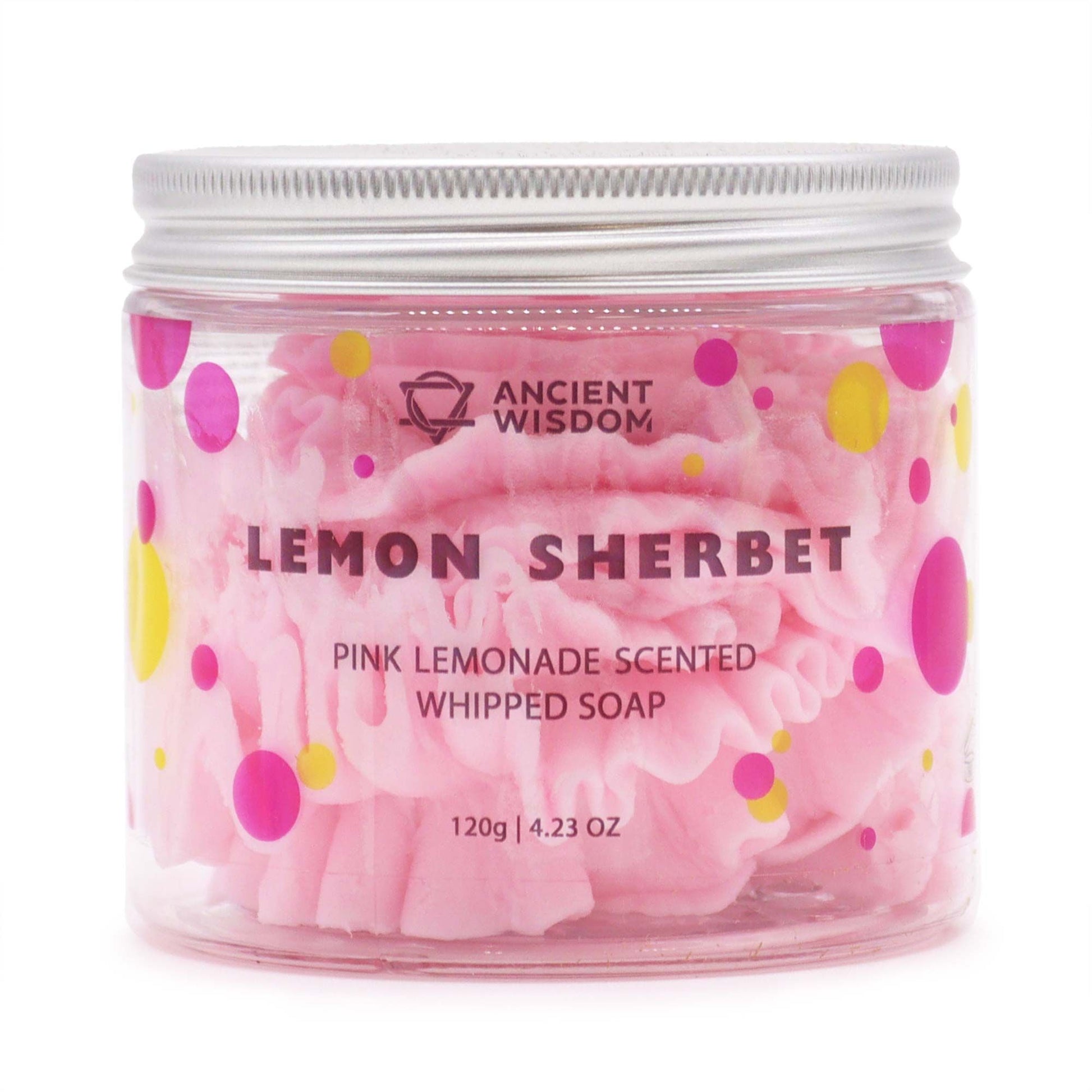 Pink lemon sherbet whipped soap in a jar with polka dot pattern on a white background 120g.