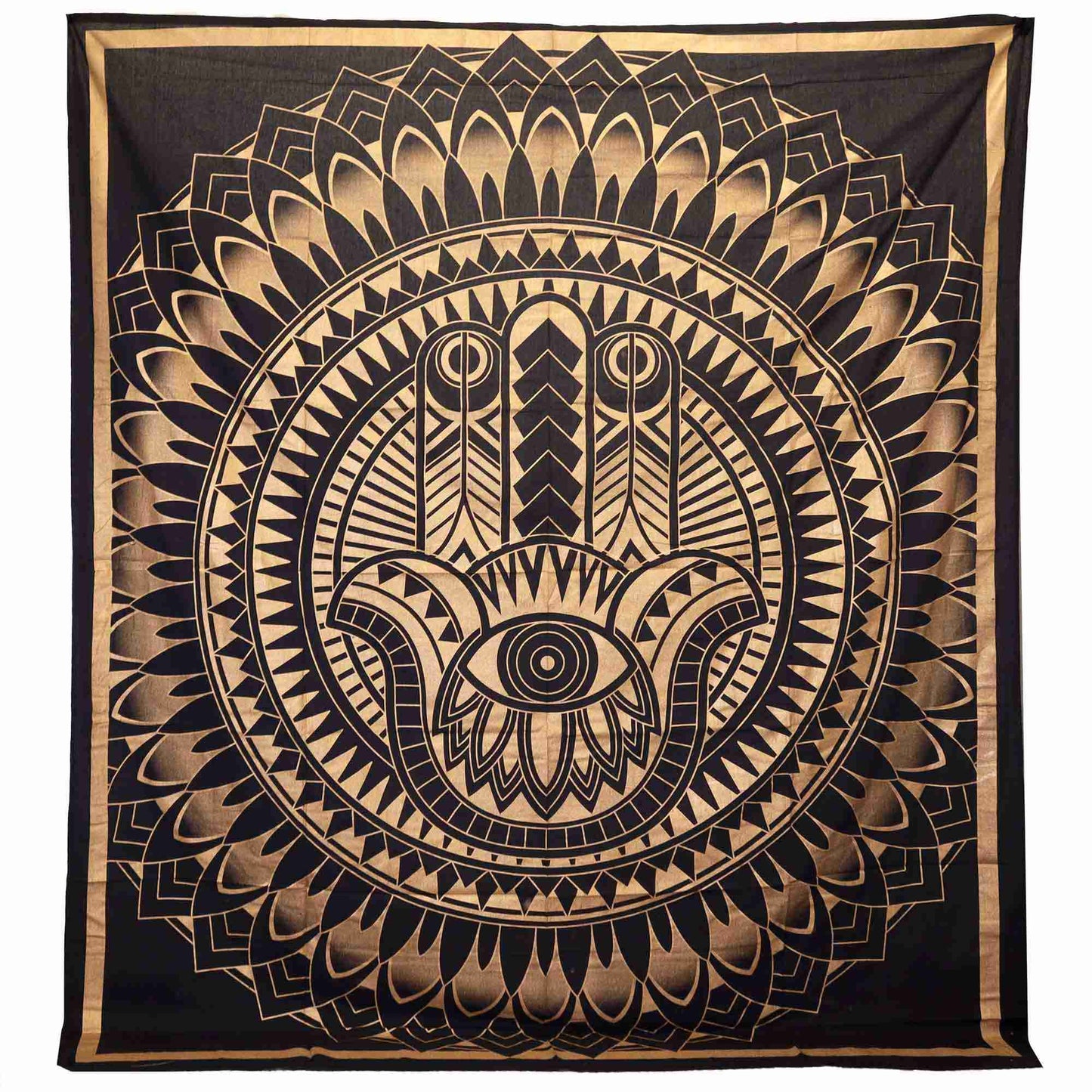Double Cotton Bedspread + Wall Hanging - Hamsa - Black Gold on a plain background