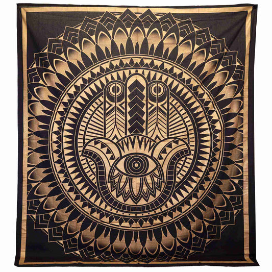 Double Cotton Bedspread + Wall Hanging - Hamsa - Black Gold on a plain background