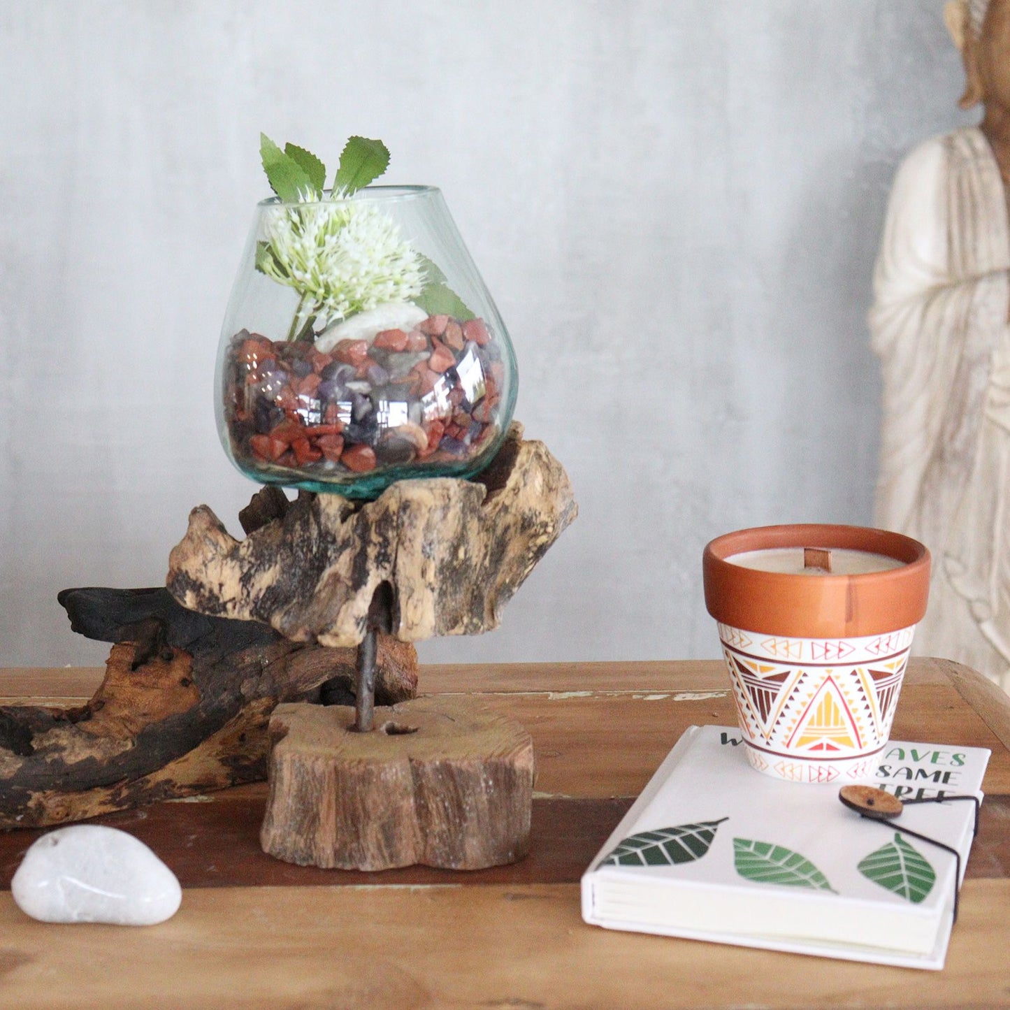 Handmade Recycled Glass Bowl on Wood Stand - Eco Decor