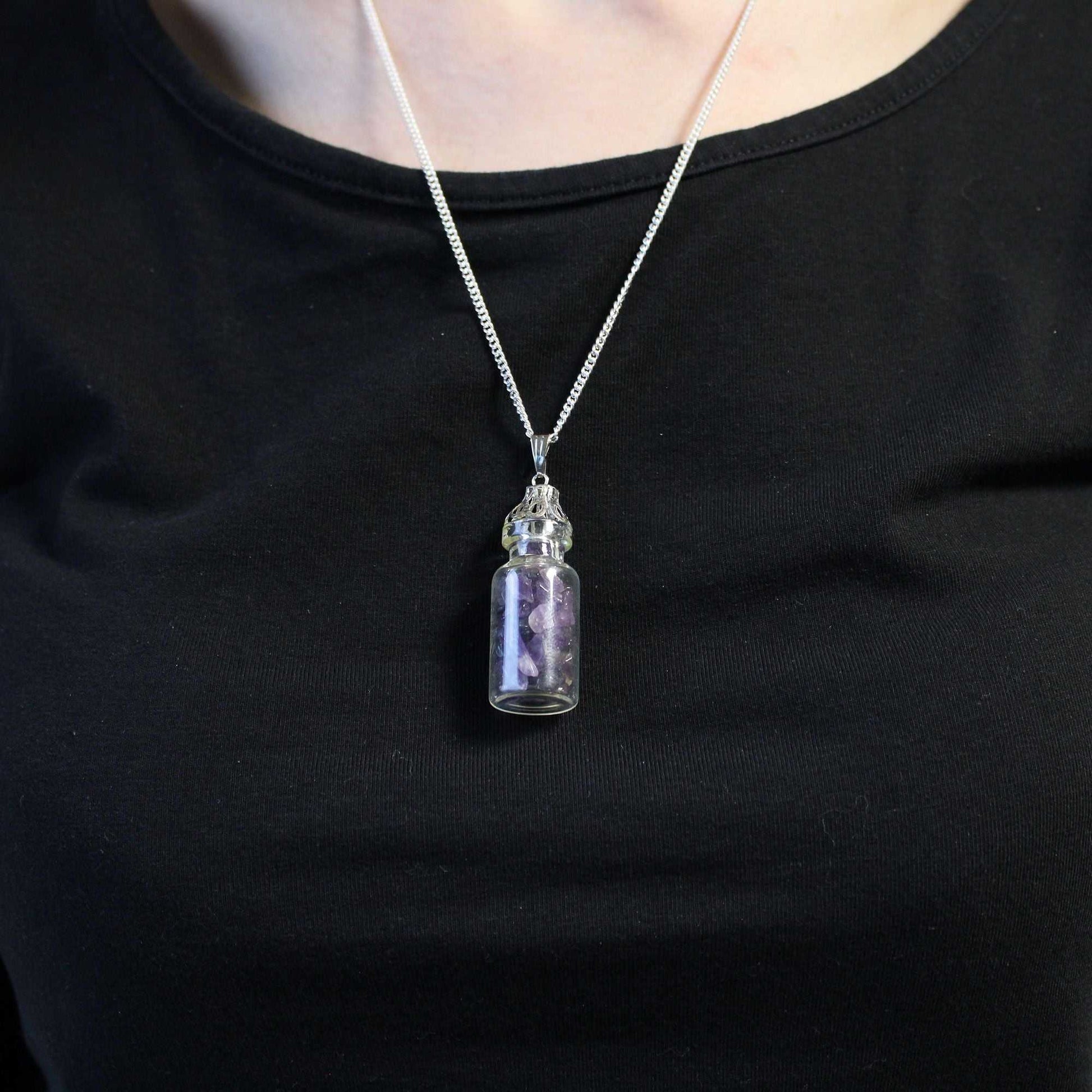 Bottled Gemstones Necklace - Amethyst on a black shirt