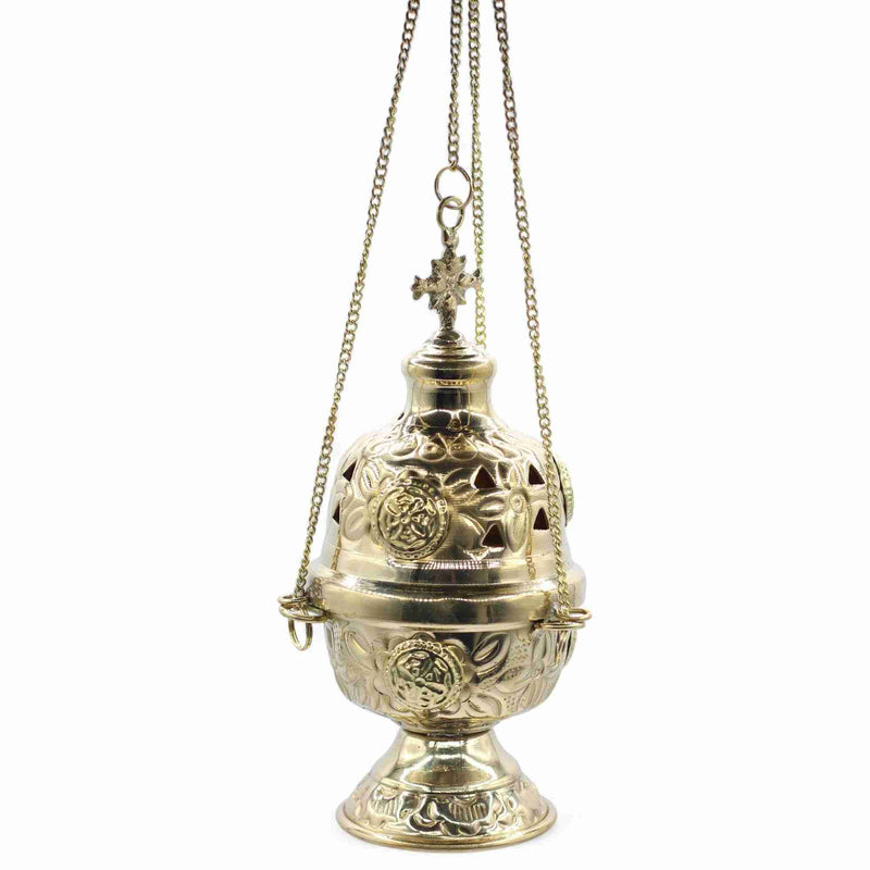 Hanging Brass Incense Burner - Cross Finial on a white background