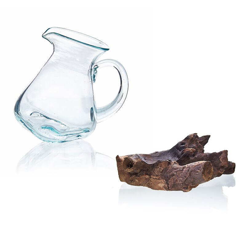 Molten Glass on Wood- Water Jug displayed with Balinese Gamal wood base, handcrafted and stylish.