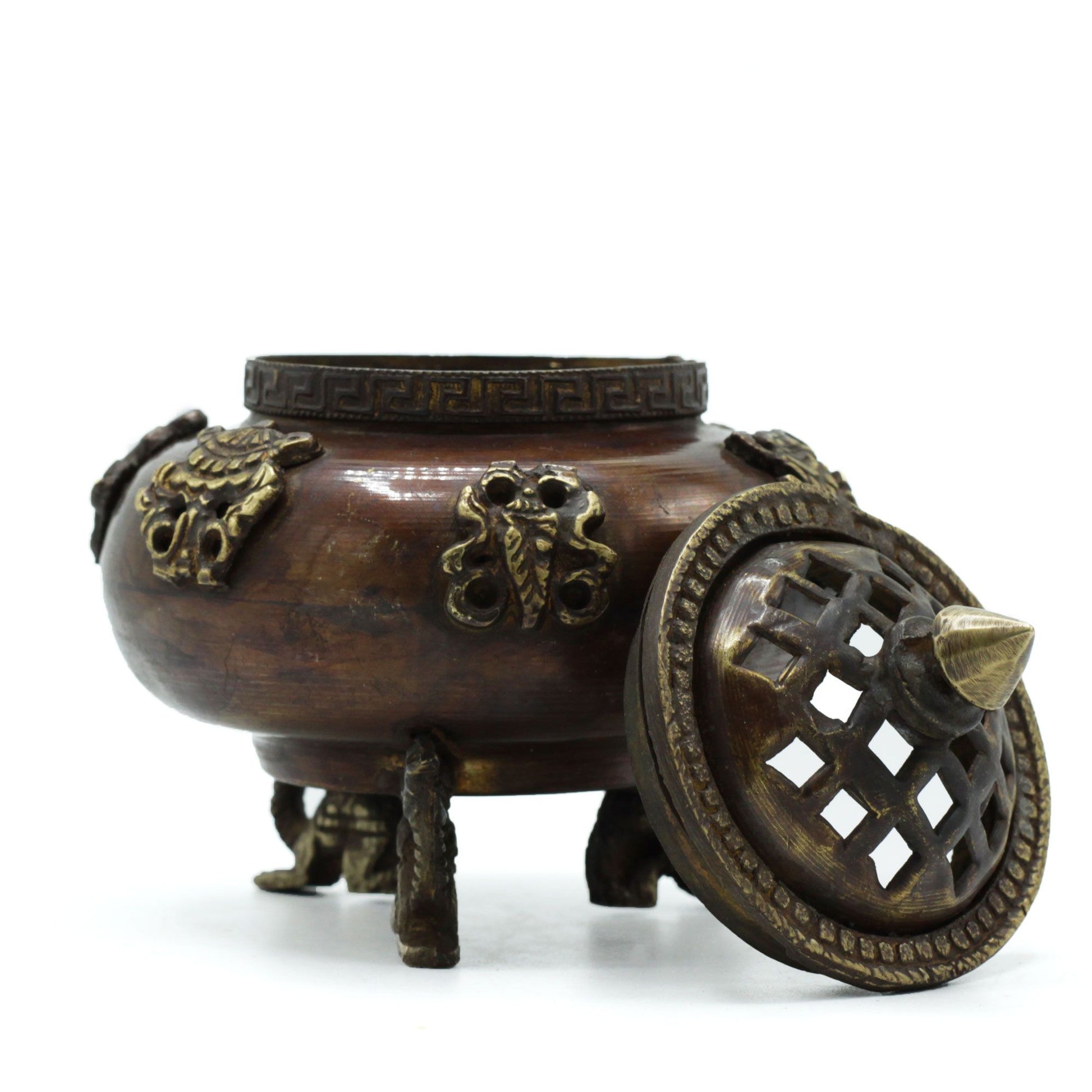 Brass Tibetan Incense Burner - Six Symbols Standing Pot with lid removed