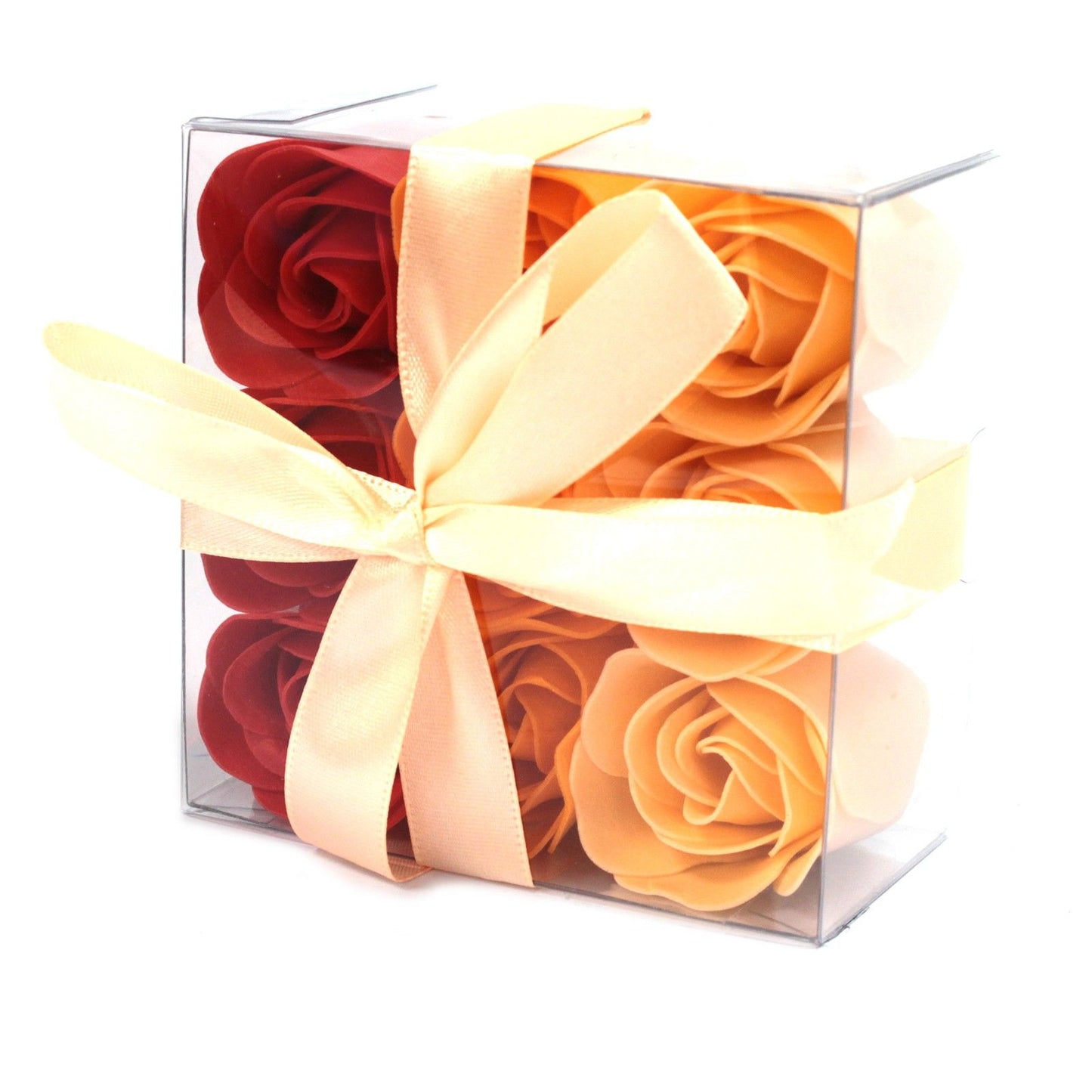 Peach Roses Soap Flowers - Set of 9 in clear gift box wrapped in a bow