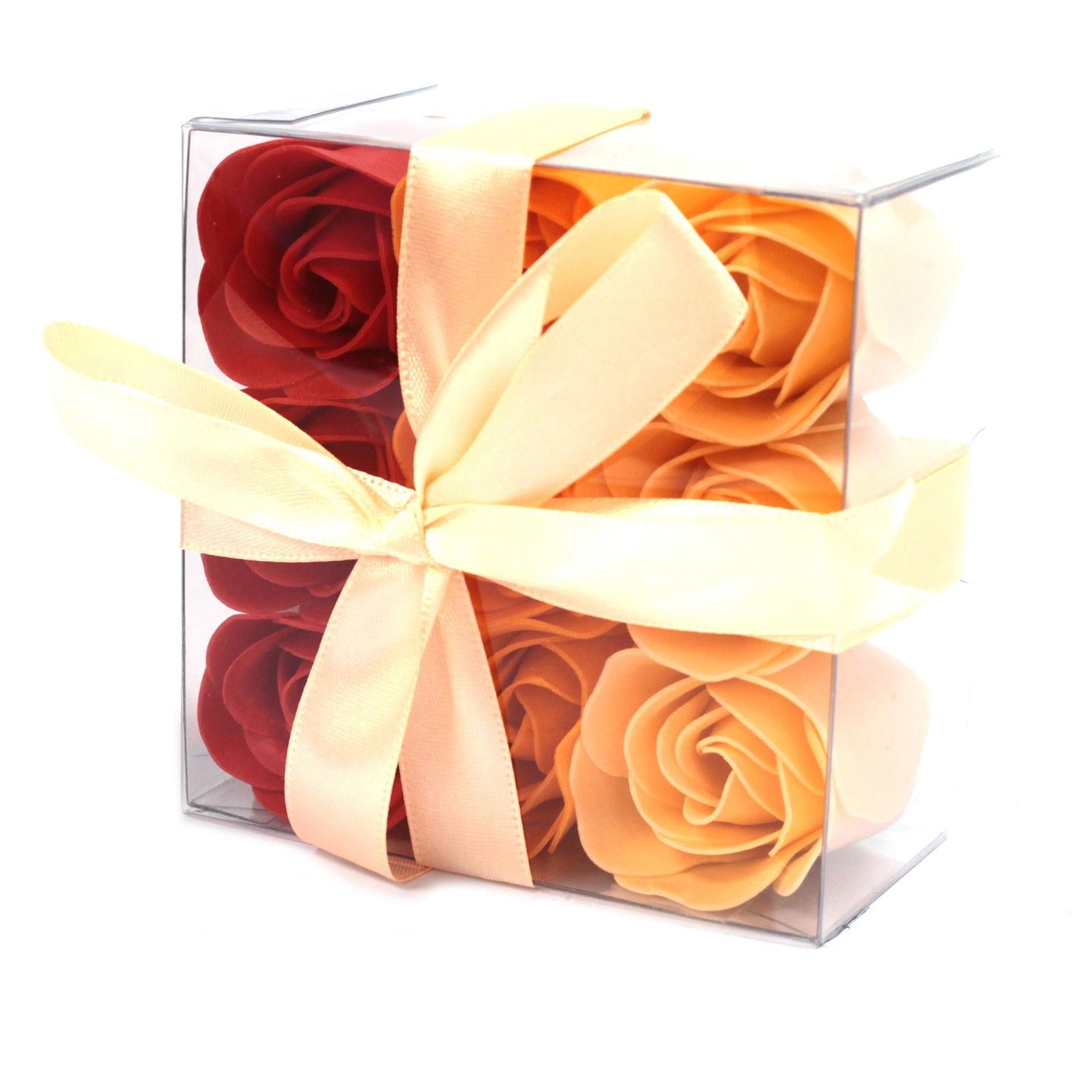 Peach Roses Soap Flowers - Set of 9 in clear gift box wrapped in a bow
