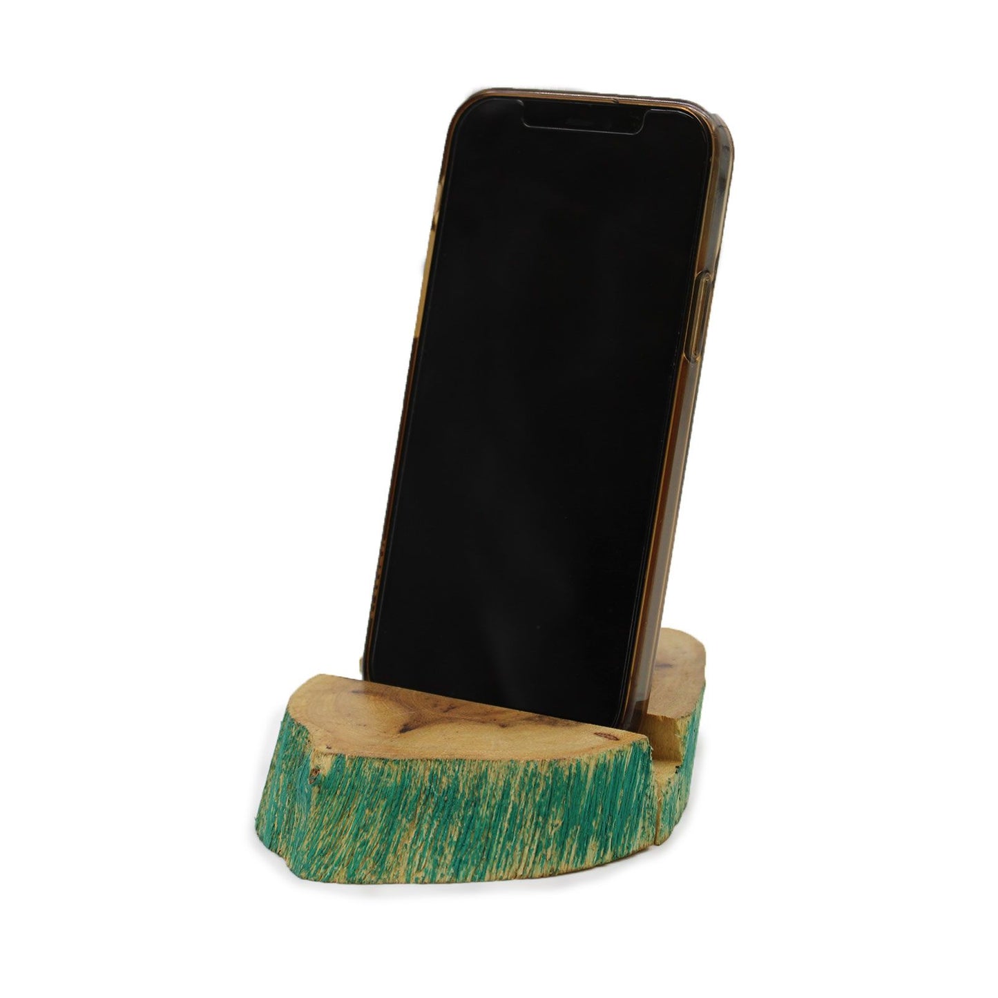 Phone on a wooden stand with a white background