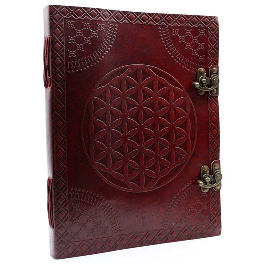 Huge Flower of Life Leather Book with two clasps on a white background