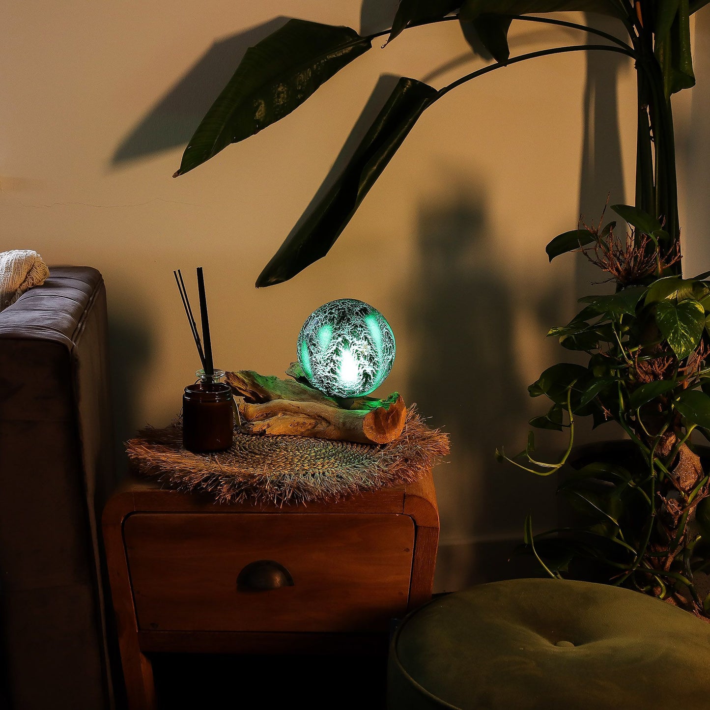 Decorative lamp on a wooden side table with plants and a couch in the background