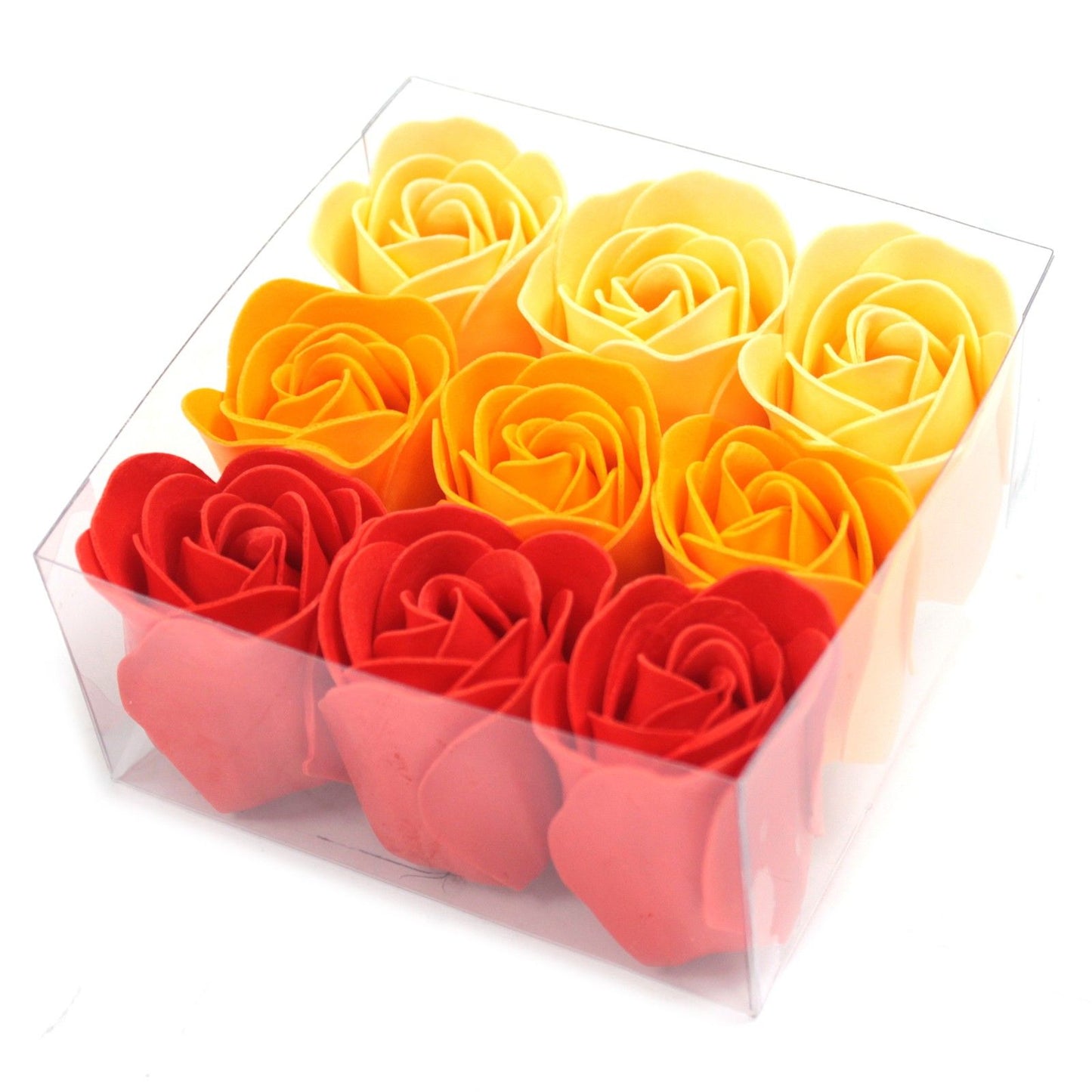 Peach Roses Soap Flowers - Set of 9 in clear gift box wrapped in a bow top view