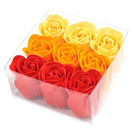 Peach Roses Soap Flowers - Set of 9 in clear gift box wrapped in a bow top view